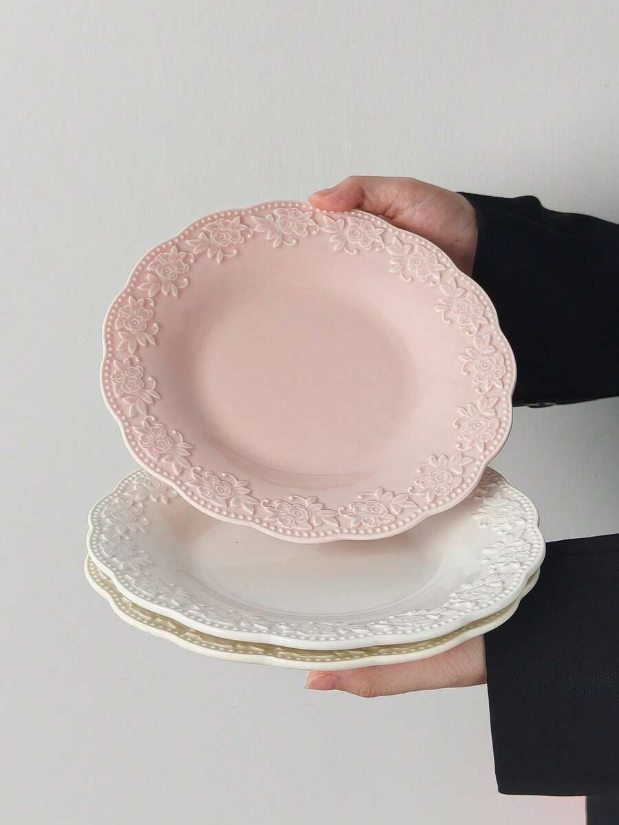 1件/2件装法式复古浮雕早餐盘、简约甜点盘、沙拉盘、水果盘、陶瓷蛋糕盘、意面盘、盛菜盘 - 彩色 - 查看 1