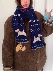 1pc Christmas Snowy Navy Blue Puppy Knit Scarf For Women Autumn/Winter Cute Shopping Vibes Versatile & Warm Student Neckwarmer
