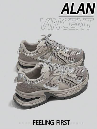 Alan Vincent [City Sports Shoes Series] Gray Women's New Thick Sole Sports Shoes, Comfortable Fashion Running Shoes, Height-Increasing Casual Sports Shoes, Women's Outdoor Shoes, Breathable Mesh