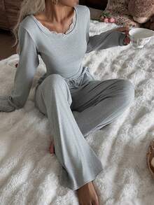 Nina Bonheur 2pcs Women Lace Patchwork Long Sleeve Top + Elastic Waist Pants Cute Pajama Set - Grey - View 2