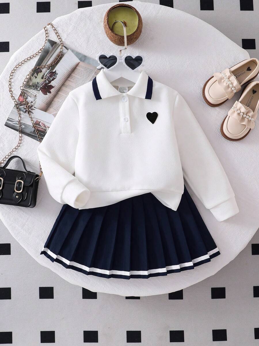 2 件年轻女孩春秋时尚百搭服装套装 - 卡通心形 Polo 衫长袖上衣 + 宽松百褶裙，休闲，适合小女孩 - 白色 - 查看 1