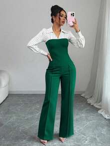 Plus Size Women's New Fashion Striped Patchwork Solid Color Suit, Elegant Casual Patchwork Collar Long Sleeve Pants Two Pieces Set, Suitable For Office And Home