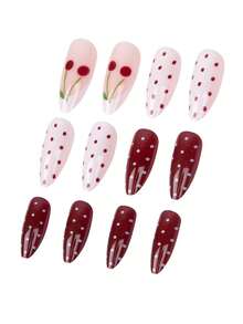 Mejora instantáneamente tu apariencia con el kit de 24 uñas postizas elegantes, sencillas y dulces de estilo casual con diseños de lunares blancos y rojos, lazos blancos, y patrones de cerezas burdeos y blancos. Adecuado para chicas y mujeres que les gusta el estilo minimalista para usar en la vida diaria y de compras, haciéndote talla grande encantadora y dulce.