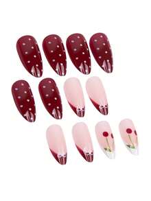 Mejora instantáneamente tu apariencia con el kit de 24 uñas postizas elegantes, sencillas y dulces de estilo casual con diseños de lunares blancos y rojos, lazos blancos, y patrones de cerezas burdeos y blancos. Adecuado para chicas y mujeres que les gusta el estilo minimalista para usar en la vida diaria y de compras, haciéndote talla grande encantadora y dulce.