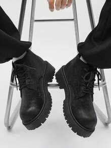 Men's Fashionable High-Top Round Toe Ankle Boots, Thick Sole, Wear-Resistant, Vintage Casual Style, Suitable For Plus Size, Winter Outdoor - 黑色 - 查看 4