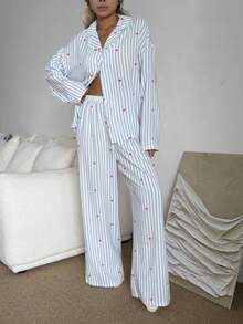 Nina Bonheur 2pcs Women Loose Comfortable Breathable Long Sleeve Top And Long Pants Pajama Set, Cute Home Wear, Fall & Winter Clothes