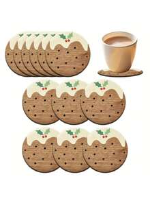 6pcs/Set Christmas Pudding Wooden Coasters, Wooden Coasters For Home, Office, Cafe, Tea Room Decor, Table Decoration, Restaurant Decoration, Christmas Gift