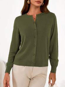 Women Cardigan Sweaters Casual Knit Button Down Long Sleeve Cashmere Sweater Lightweight Autumn Fall Spring Going Out Tops Outfits - Army Green - View 3