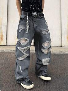 1 件男士破洞阔腿牛仔裤，复古美式风格破洞高街休闲宽松长裤（不含腰带和配饰）