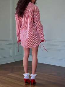 Women 2 Piece Lounge Set Striped Set Ruffle Hem Cami Tops And Stripe Boxer Shorts Set Lounge Outfit - Red - View 5