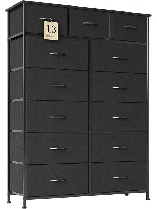 BURN Cómoda de 13 Cajones para Dormitorio, Cómoda de Tela con Tapa de Madera y Estructura de Acero, Mueble de Almacenamiento con Cajones de Tela para Dormitorio, Salón, Pasillo(Negro)