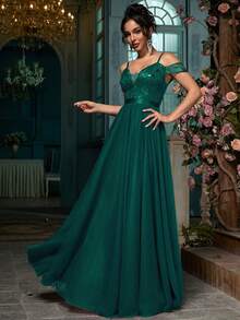 Women's Elegant Party Romantic Mesh Embroidered Evening Dress, Wedding Guest Formal Maxi Party Gown, Prom, Graduation, Wedding Reception - Dark Green - View 3