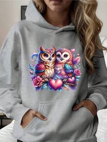 Owl Couple Heart Floral Design Hoodie For Women Valentine's Day Gift Artistic Animal Print Sweatshirt - Light Grey - View 1
