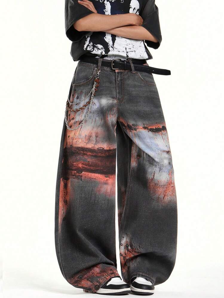 1 Peça Calça Jeans Bege Masculina Personalizada da Marca de Nicho Justice Brother, Calça Larga e Solta de Estilo Casual (Cinto e Acessórios Não Incluídos) - Marrom - Visão 7