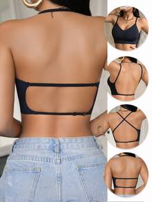 Black Basic T-Shirt Bra, Backless Bra With Removable Pads And Wireless, Comfortable Seamless Bra For Women, Easily Showcase Various Styling Looks - Black - View 3