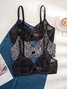 3pcs Women Plus Size Solid Color, Strawberry & Leopard Print Padded Bras - Multicolor - View 3