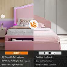 Twin/Full/Queen Bed Frame With LED Light And Storage Drawer, Upholstered Design With Adjustable Headboard, Easy Assembly, Noise-Free, No Box Spring Needed - 粉色 - 查看 7