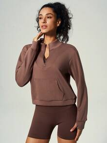 UONNOU 1 pezzo Felpa casual sportiva da donna con piccolo colletto a camicia e zip semi-aperta sul davanti, con tasca frontale a tutta lunghezza, design con foro per il pollice per maggiore movimento, tessuto morbido e confortevole. Questa felpa delicata e che valorizza la figura offre una vestibilità rilassata ma snellente, perfetta per sport all'aperto, jogging, allenamenti e uscite casual quotidiane. Disponibile in stili autunnali e invernali