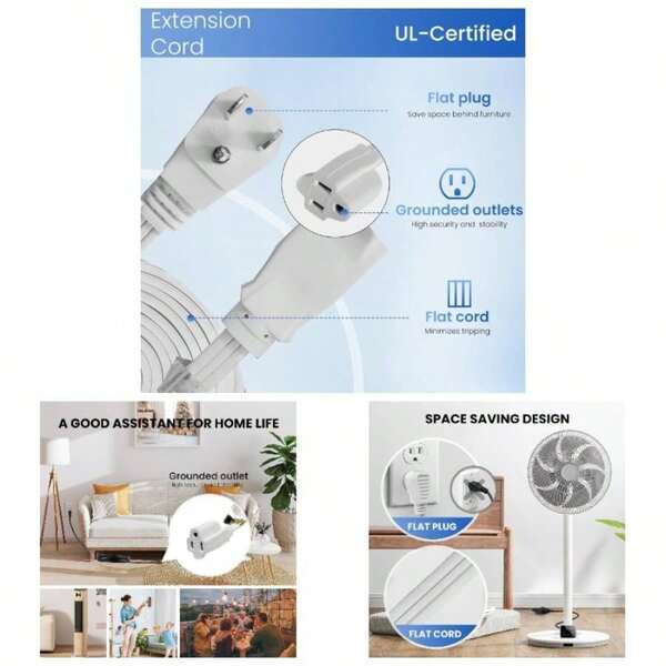 Indoor Extension Cord, 3 Prong Grounded 15A Power Cord, 14 Gauge Heavy Duty 6 Ft White Flat Extension Cord Home, Office, 143 SPT - 3 Listed