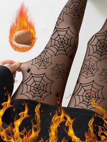 1pc Women's Sexy Spider Web Thermal Lined Knitted Footless Tights, Casual Daily Sheer Skinny Leggings