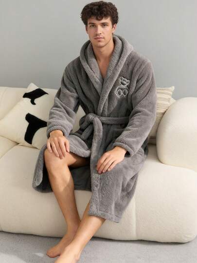 Men's Long Robe, Thickened Coral Fleece, Korean Style, Autumn/Winter Sleepwear