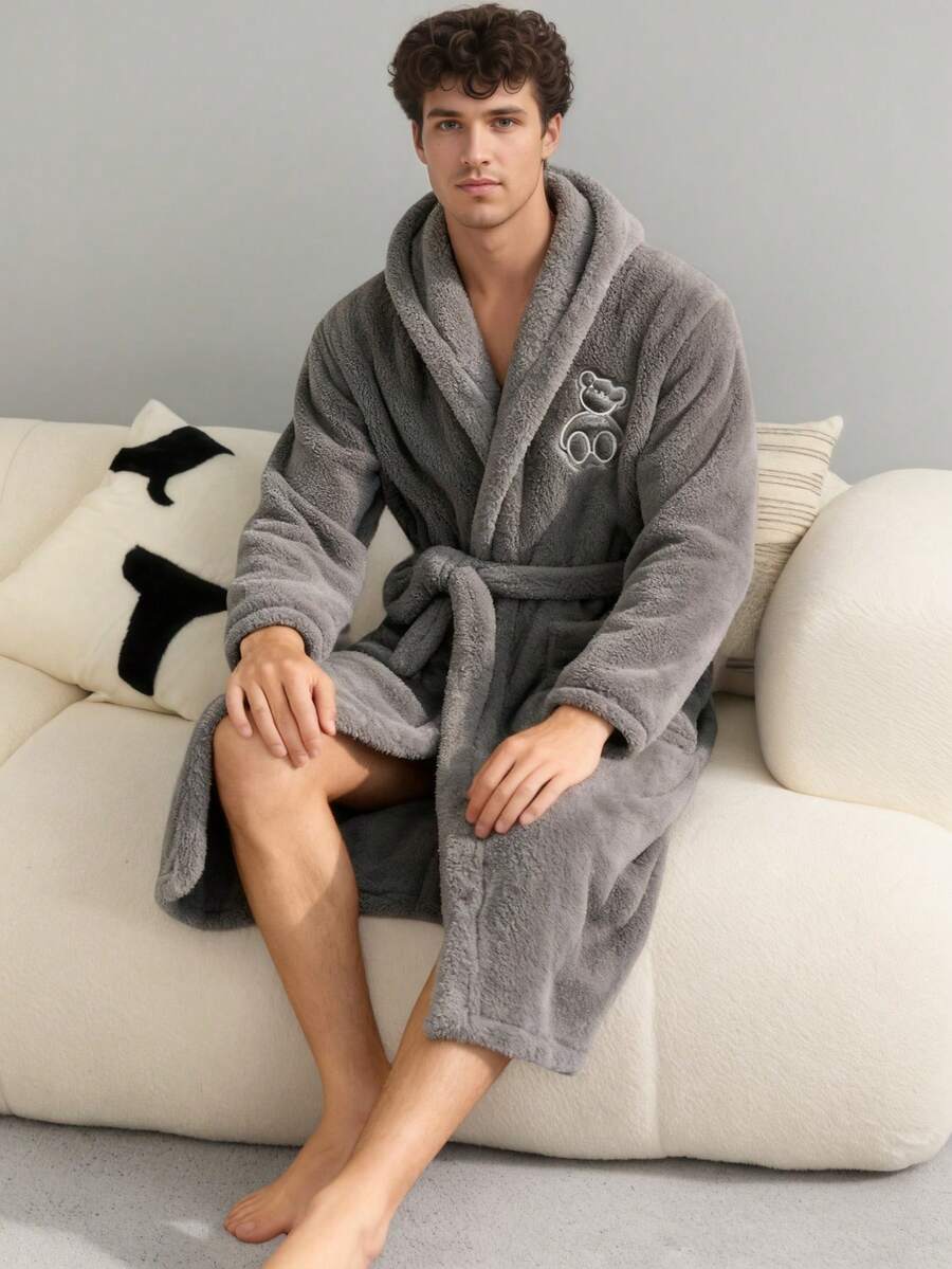 Men's Long Robe, Thickened Coral Fleece, Korean Style, Autumn/Winter Sleepwear