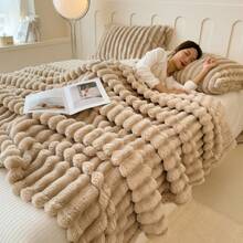 1pc Soft Vintage Style Faux Fur Blanket - Cozy Choice For Sofa And Chair, Striped Pattern, Machine Washable, Polyester Blend, Comfortable For All Seasons, Chair/Bed Cover | Soft Blanket | Polyester Blend, Rabbit Decor - Khaki - View 12