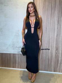 Elegant Long Dress With Adjustable Front Neckline And Suplex Back Tie - Black - View 2