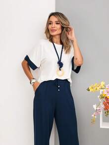 Women's Set, Wide Leg Pants, Two-Tone Sleeve Blouse, Loose, Elegant - 藏蓝色 - 查看 2