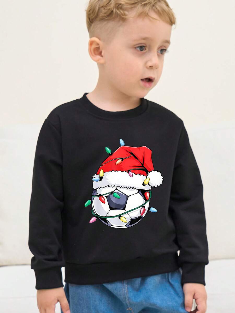 Boys' Christmas Sweatshirt, Football And Christmas Hat Pattern Kids' Long Sleeves Pullover Sweatshirt, Casual Versatile Everyday Outfit