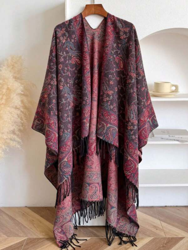1 pieza Chal multifuncional de poliéster vintage con estampado de cachemira falsa de otoño/invierno, poncho cálido con flecos