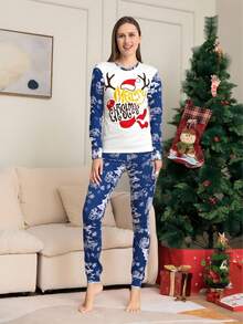 Conjunto de pijama de dos piezas con mangas largas y estampado, casual y lindo, perfecto para Navidad.(Hay zapatos de algodón navideños disponibles) - Blanco - Ver 2