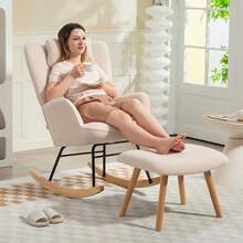 HOMCOM Rocking Chair With Footstool, Soft Fleece Cover, Wooden Legs, Cushion, High Back, Rocking Chair, Beige - Watermelon Pink - View 3