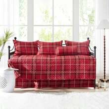 Southshore Fine Living, . - Juego de edredón para cama individual, 6 piezas, juego de cama estilo bohemio con funda para sofá cama, 3 fundas de almohada, falda de cama, juego de edredón de día,(Individual Rojo tartán) - Tipo 8 - Ver 5