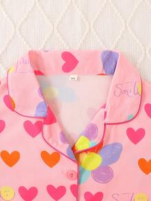 2pcs/Set Girls & Teens Casual Cartoon Heart & Flower Print Lapel Long Sleeve Cardigan And Pants Pajama Set, Flame Retardant, Suitable For Christmas & All Seasons - Pink - View 4