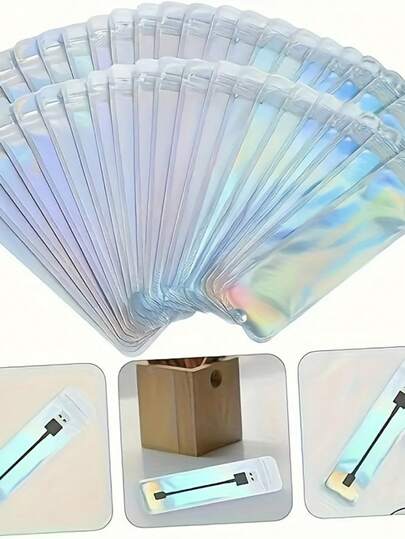 About 50/100pcs Vibrant Rainbow Laser Gift Pouches - Reusable Zippered PP Pouches With Holographic Iridescent Colors, Easy-Clean & Durable Storage For Pens, Makeup Brushes, Jewelry, Lip Gloss - Perfect For Everyday Use