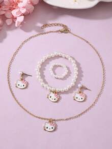 Sanrio 5pcs Faux Pearl Alloy Necklace, Earring, Bracelet,Ring, Pendant Jewelry Set