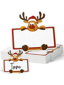10/20/50 Stücke Weihnachts-Elch Platzkarten mit Namensanpassung - Niedlicher Rentier mit Weihnachtsmann-Mütze & Namensschild Design, rote & weiße Party Tischdekoration für Weihnachten, Hochzeiten, Bridal-Shower - strapazierfähige Papier Platzkarten - Verschiedenfarbig - Übersicht 1