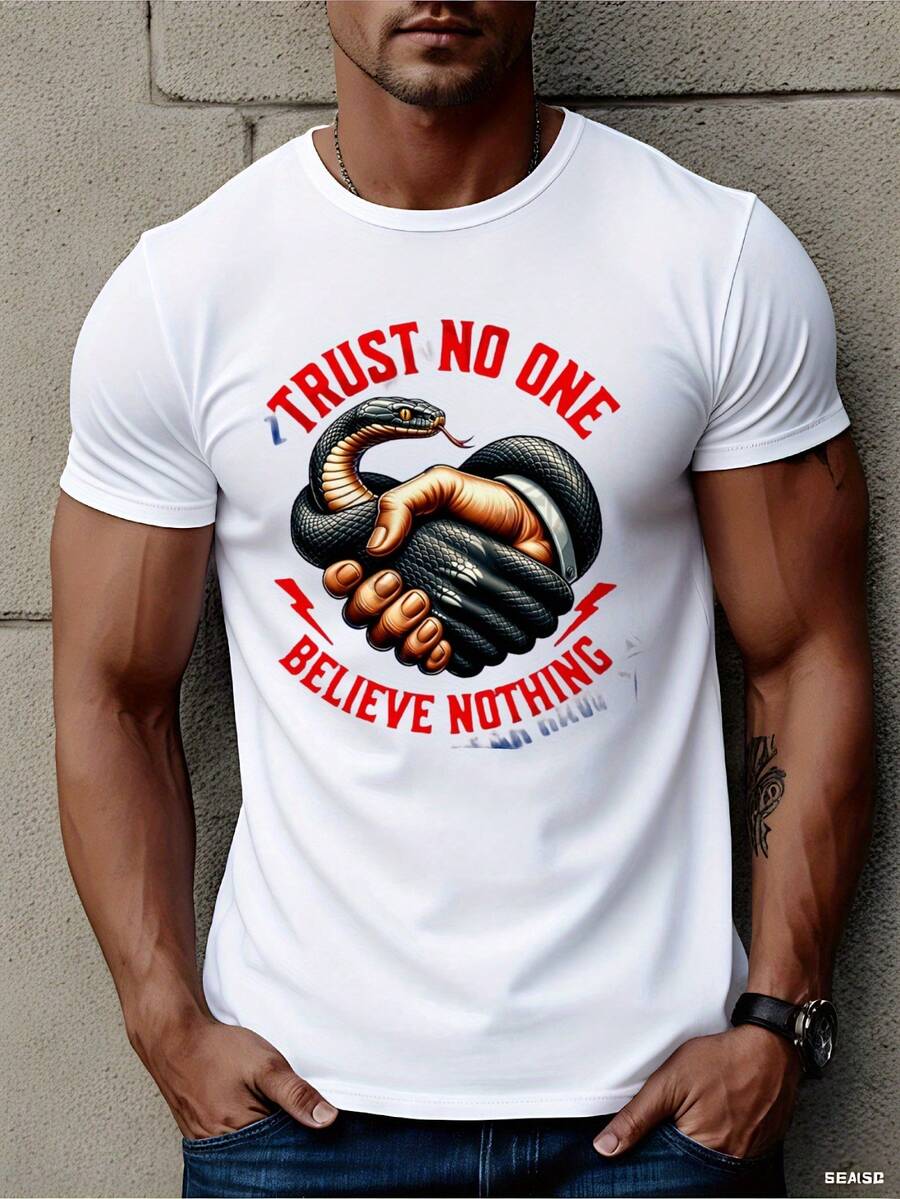 Camiseta gráfica para hombres Trust No One Snake Handshake & Triple S Logo - Diseño de streetwear en blanco, negro y rojo - Tela transpirable de estiramiento medio para gimnasio, uso casual y al aire libre - Camiseta de manga corta para todas las estaciones con cuello redondo duradero (lavable a máquina) - Blanco - Ver 1