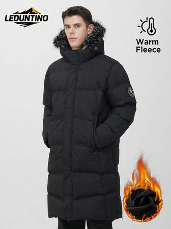 LEDUNTINO Men's Winter Thickened Padded Jacket Coat, Mid-Length, Hooded, Solid Color, Hem With Zipper, Ideal For Winter Outings And Daily Commute, Perfect Gift For Boyfriend