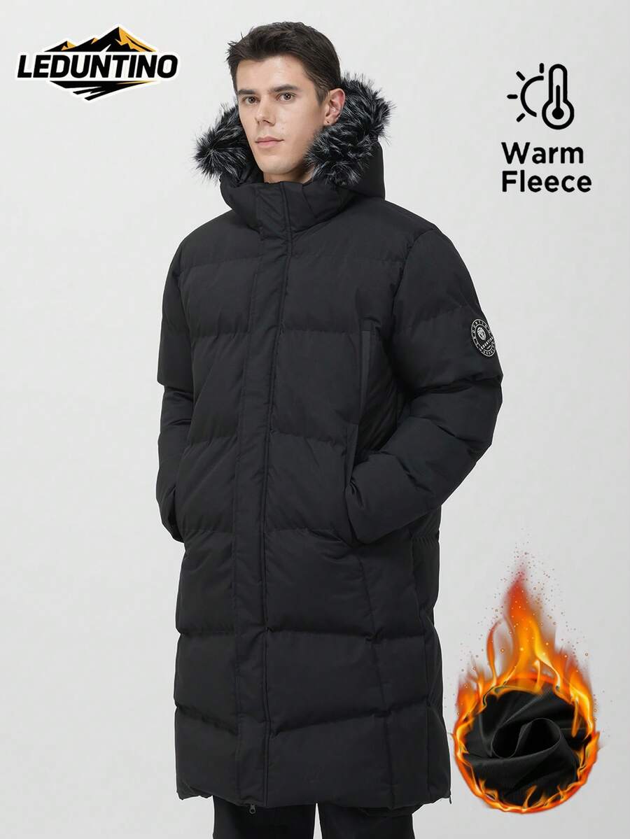 LEDUNTINO 男士加厚羽绒服，中长款，带帽，纯色，下摆拉链，适合冬季外出和日常通勤，送给男朋友的完美礼物