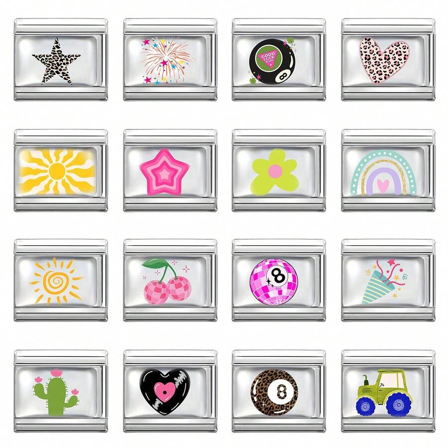 1pc Resin Coated DIY Italian Modular Bracelet, Decorated With Pentagram, Heart, Rainbow, Cactus Elements, Suitable As Party Gift For Friends/Couples, Applicable For Christmas, New Year, Halloween, Valentine's Day, Charming Design, Stainless Steel Jewelry, Local , Practical & Fashionable, Christmas & Halloween Essential, Christmas Style, Christmas Decor, Party Outfit Guide, Christmas Gift Supplies, Christmas Home Decor, Retro Summer