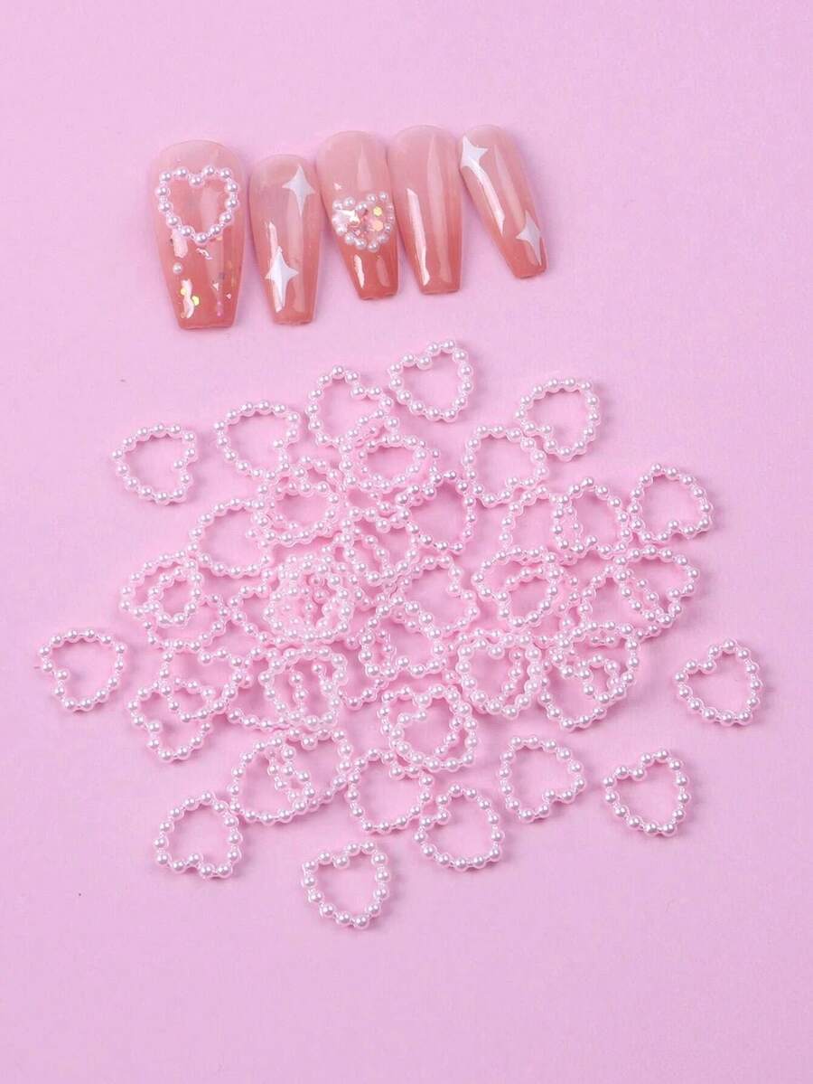 50 Peças de Ornamentos de Unha em Forma de Coração com Pérolas, Decorações de Arte de Unha 3D com Pérolas, Ornamentos de Unha Fofos, Suprimentos de Arte de Unha para o Dia dos Namorados, Artesanato de Unha com Pérolas em Forma de Coração Vazado Rosa e Branco, Decorações de Unha