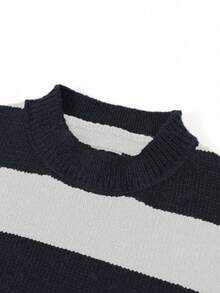 男童及青少年宽松加厚针织毛衣，黑白条纹撞色长袖套头衫，适合秋冬季上学及休闲穿着。 - 白色 - 查看 3