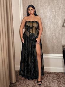 Doriss 大码奢华蕾丝花朵刺绣可拆卸肩带A字黑色美人鱼长裙，黑色连衣裙，适合婚礼季、情人节、秋冬季、白色派对、复古风格、宫廷风格，吸睛单品，优雅日常，秋冬季