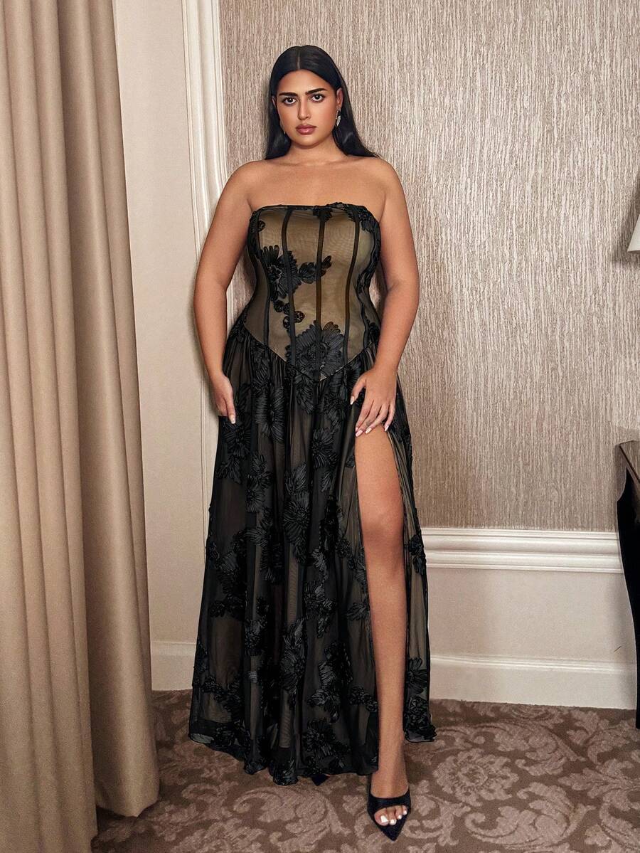 Doriss 大码奢华蕾丝花朵刺绣可拆卸肩带A字黑色美人鱼长裙，黑色连衣裙，适合婚礼季、情人节、秋冬季、白色派对、复古风格、宫廷风格，吸睛单品，优雅日常，秋冬季