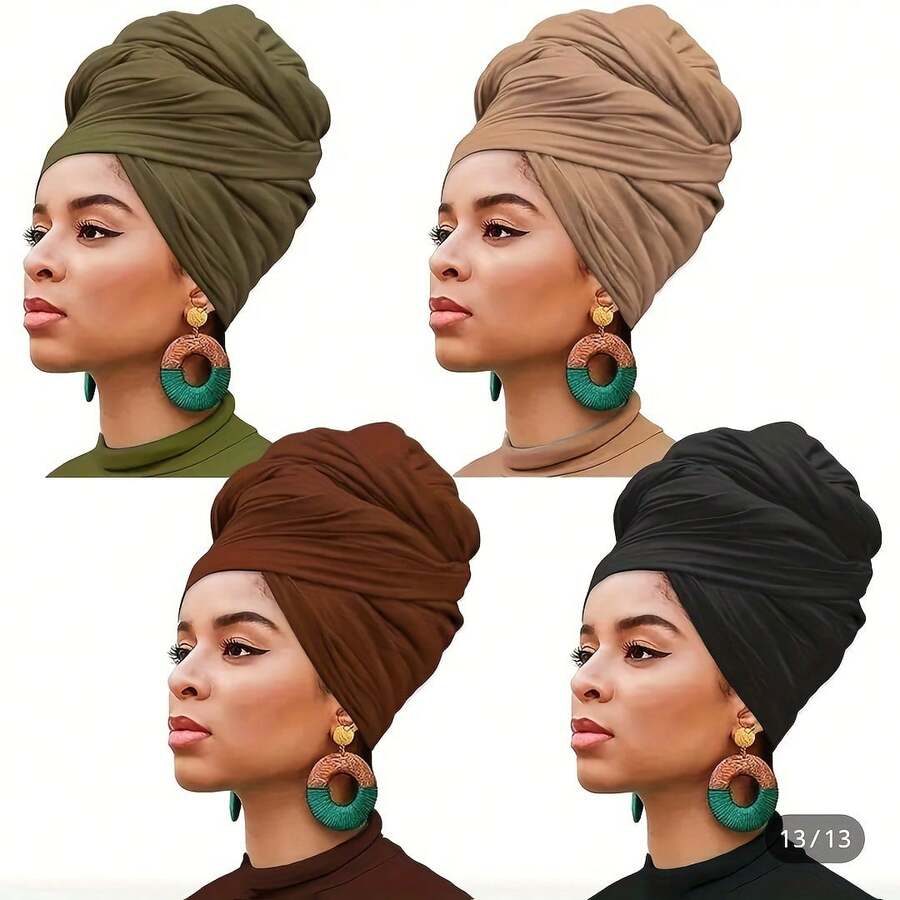 Set Of 4 Bohemian Style Pleated Head Wraps, Elegant Solid Color Turban Caps, Breathable And Ultra Soft Extra Long Headbands For Women - 綠駝咖啡黑 - 查看 1