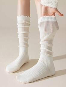 1/5 Đôi tất nữ thu/đông, kiểu Hàn Quốc đơn giản, viền bèo nhún màu trơn, dài đến bắp chân, đa năng cho phong cách Y2K, kết hợp với bốt đi xe, tất ấm áp - Nhiều màu - Xem 3