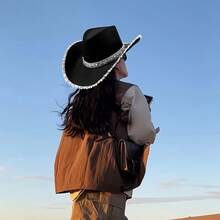 Juego de 3 sombreros de vaquero estilo occidental, sombrero de vaquero con borde plateado brillante, sombrero de vaquero brillante de poliéster, accesorios de decoración para fiestas de disfraces, adecuado para eventos, fiestas, bailes de disfraces, bodas, eventos navideños y suministros para fiestas - Multicolor - Ver 3