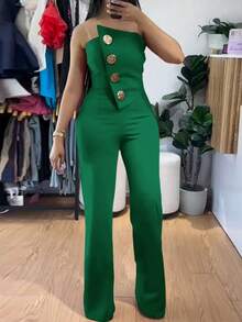 ChicMe 不对称抹胸露肩连体裤金属纽扣装饰休闲工装裤 - 墨綠色 - 查看 3